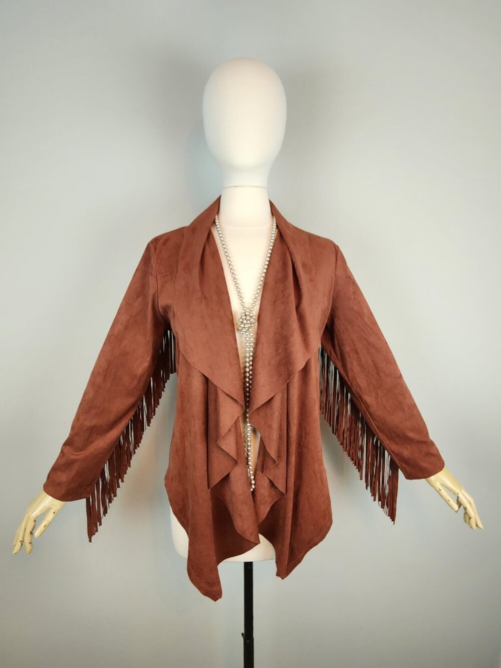 Western Style Cascade Front Rust Colored Faux Suede Fringe Jacket * Ladies Med